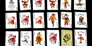 a group of playing cards with different designs on them